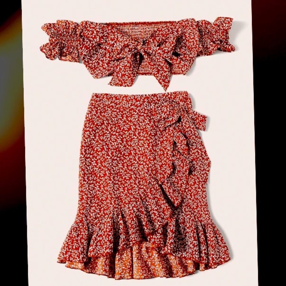Red Ruffle print off the shoulder 2-piece Outfit